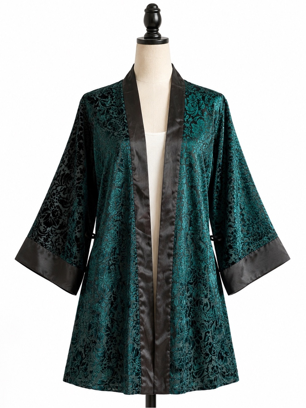 Vintage Linea Donatella Teal Burnout Velvet Kimono Robe Jacket Open Front Size M